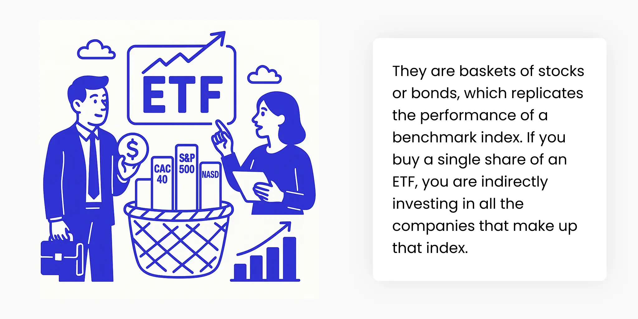 "They are baskets of stocks or bonds, which replicates the performance of a benchmark index. If you buy a single share of an ETF, you are indirectly investing in all the companies that make up that index."